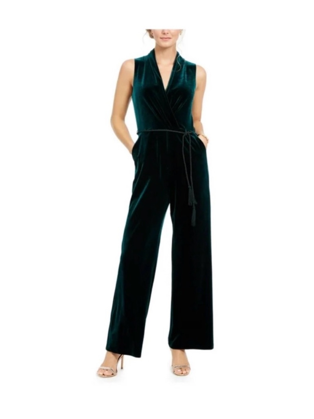 Vince Camuto Sleeveless Velvet Wrap Jumpsuit in Emerald